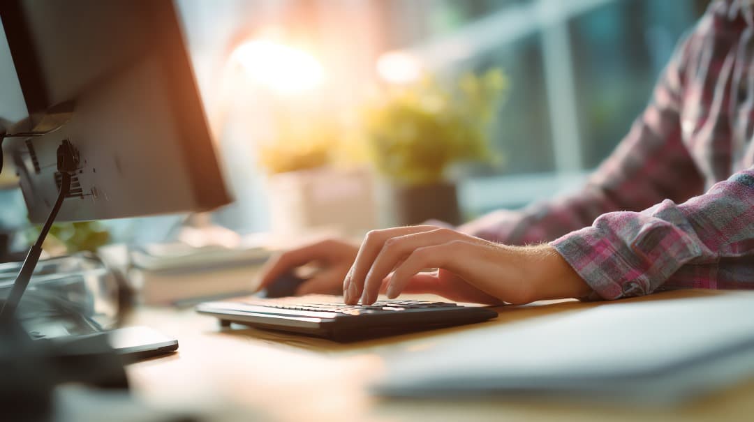 Person working at a computer in a sunlit workspace