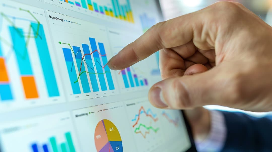 Illustrative photo of a hand pointing to charts on a screen