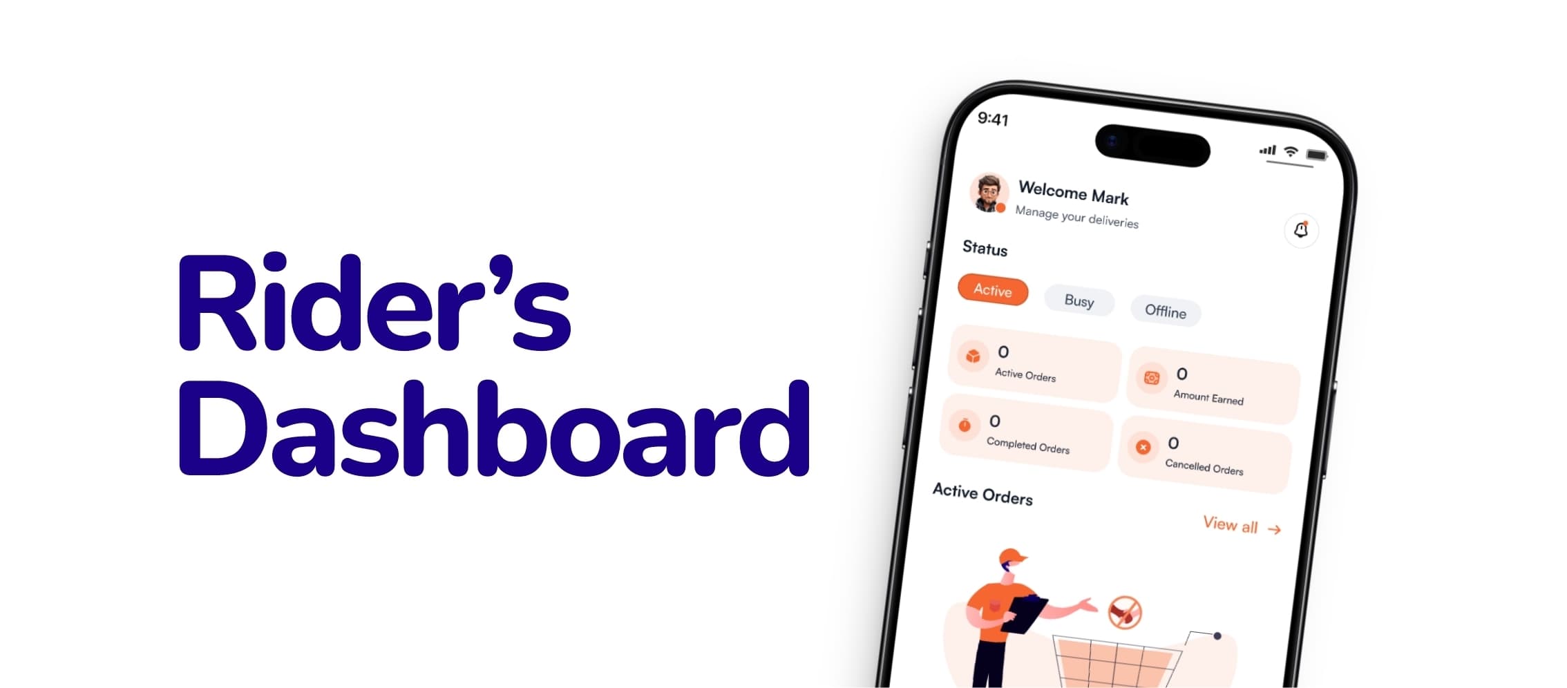 Jecco rider dashboard with delivery status and active orders