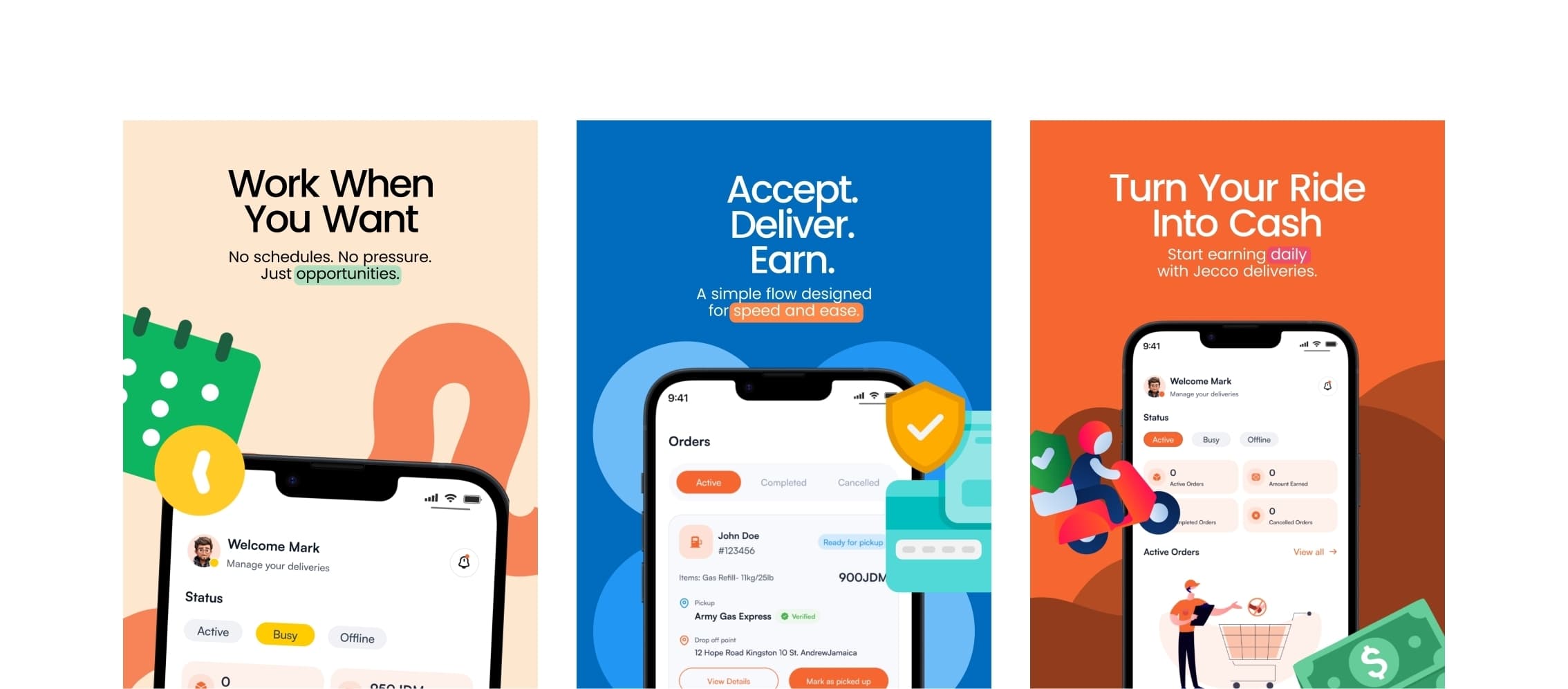 Jecco rider screens for availability, accepting deliveries and earnings