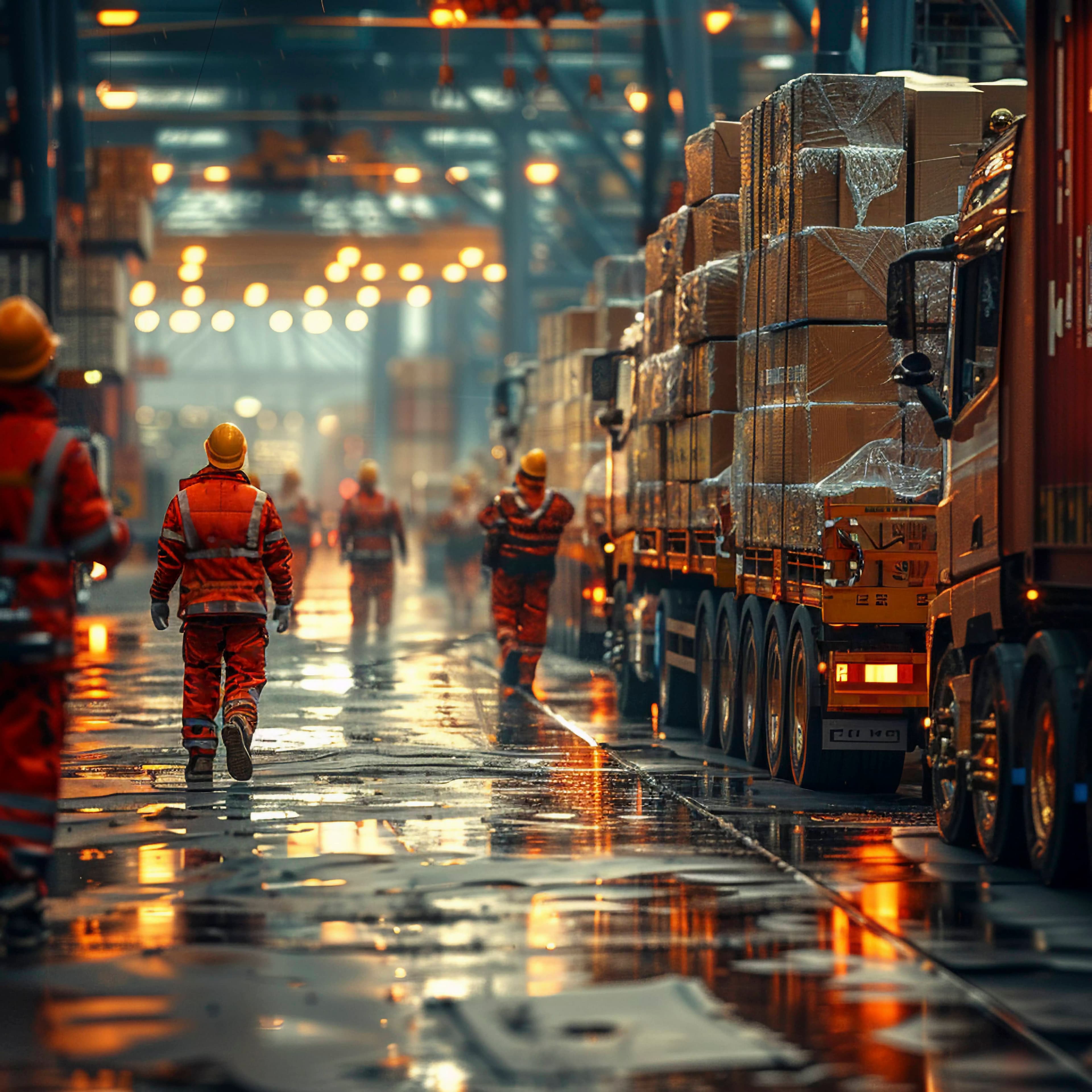 Warehouse workers coordinating freight beside loaded trucks